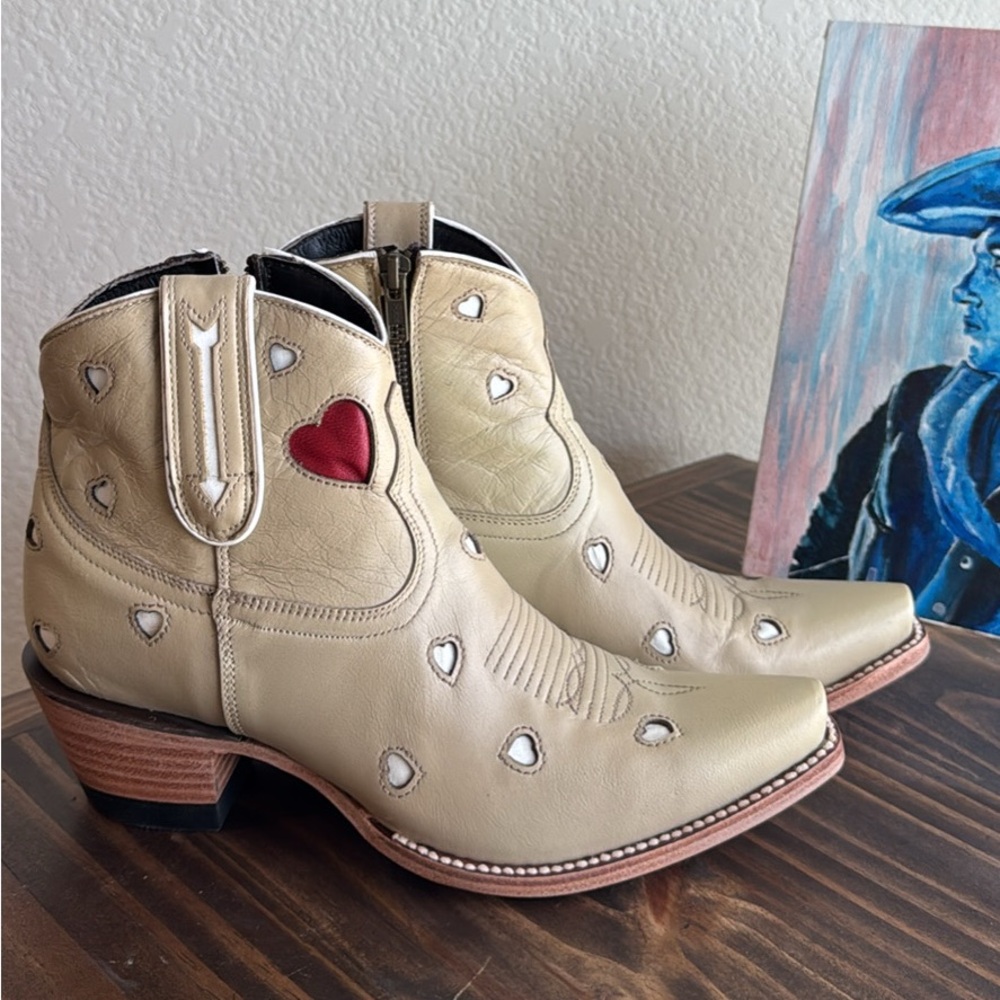 Heart-Embellished Cream Ankle Boots